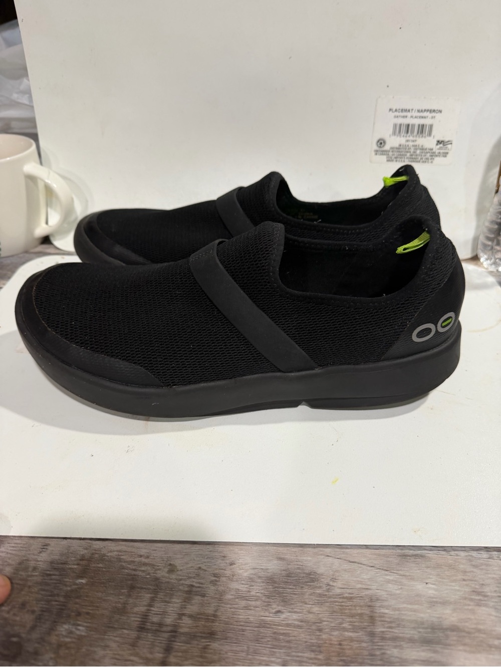 OOFOS Women's Slip-On Comfort Flats - Black with Neon Green Accent